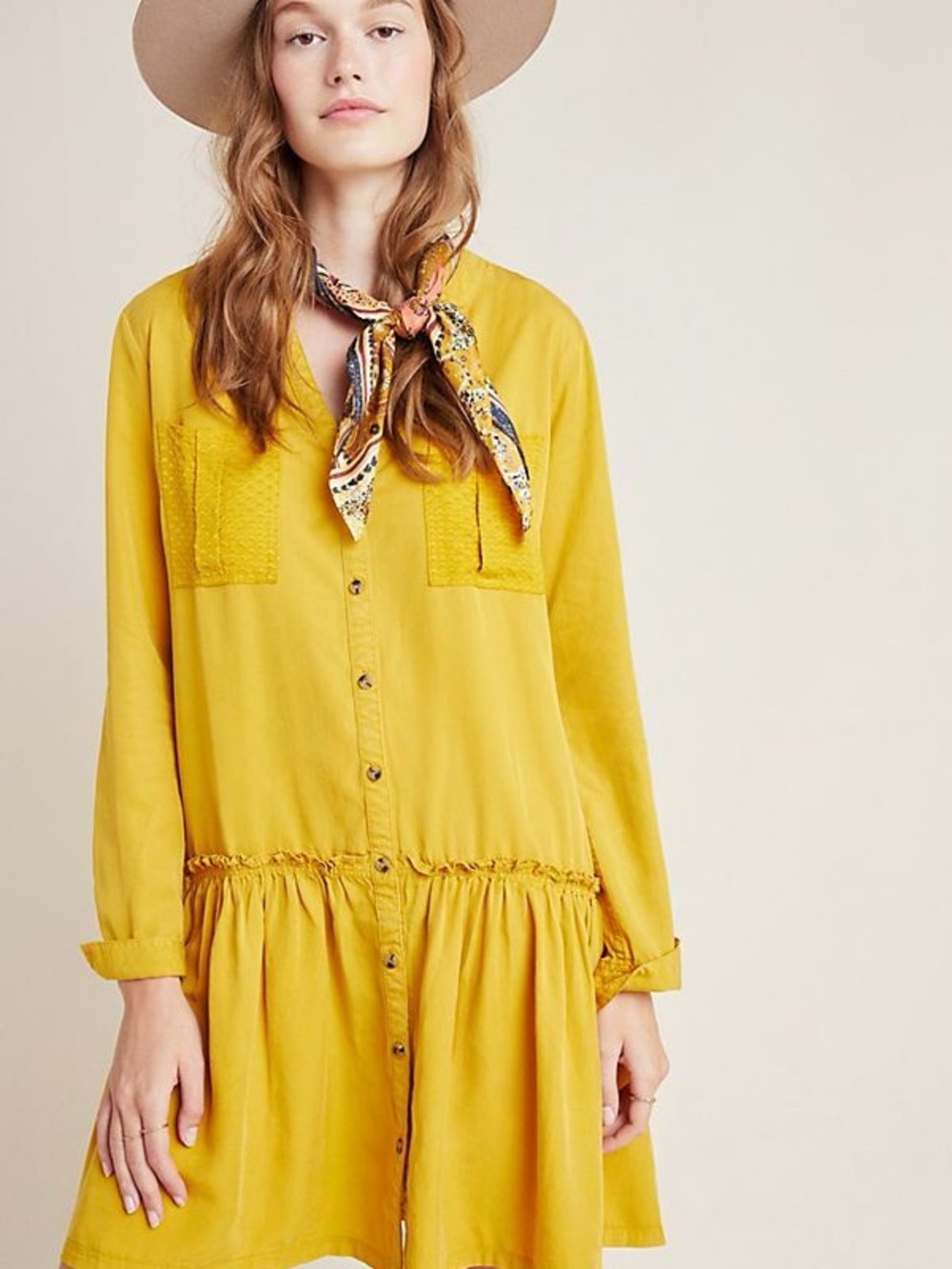 Anthropologie Maeve Mustard Yellow Button-Front Tunic Dress